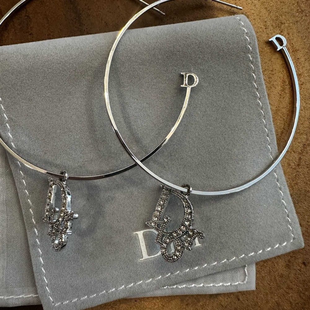 Dior Silver Crystal 'Dior' Logo Drop Hoop Earrings - Picture 2 of 3